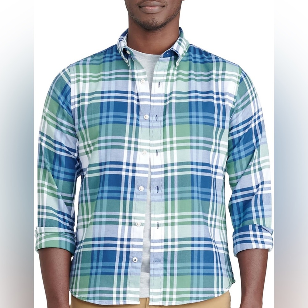 IZOD Mens Woven Multi Plaid Button-Up Long Sleeve Shirt Blue/Green/White Size XL
